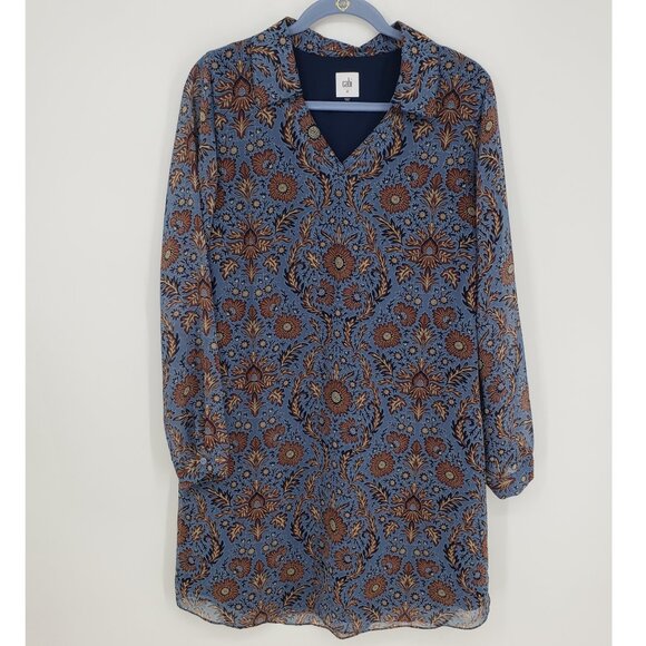 Cabi Provincial Floral Tunic Shirt Dress M Long Sleeve Style 3295 Blue Brown - Picture 1 of 13